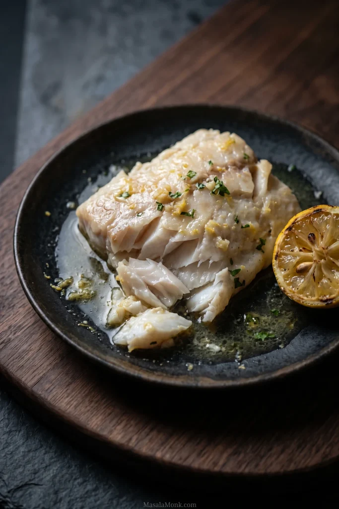 Single serving of pale baked cod opened into moist flakes on a dark plate with loose lemon garlic butter, herbs and a halved lemon.