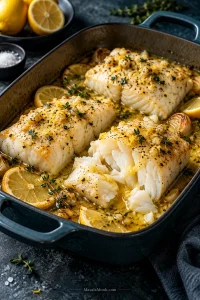 Baked cod portions in a dark roasting dish with moist white flakes, lemon slices, herbs and golden lemon garlic butter pooled around the fish.