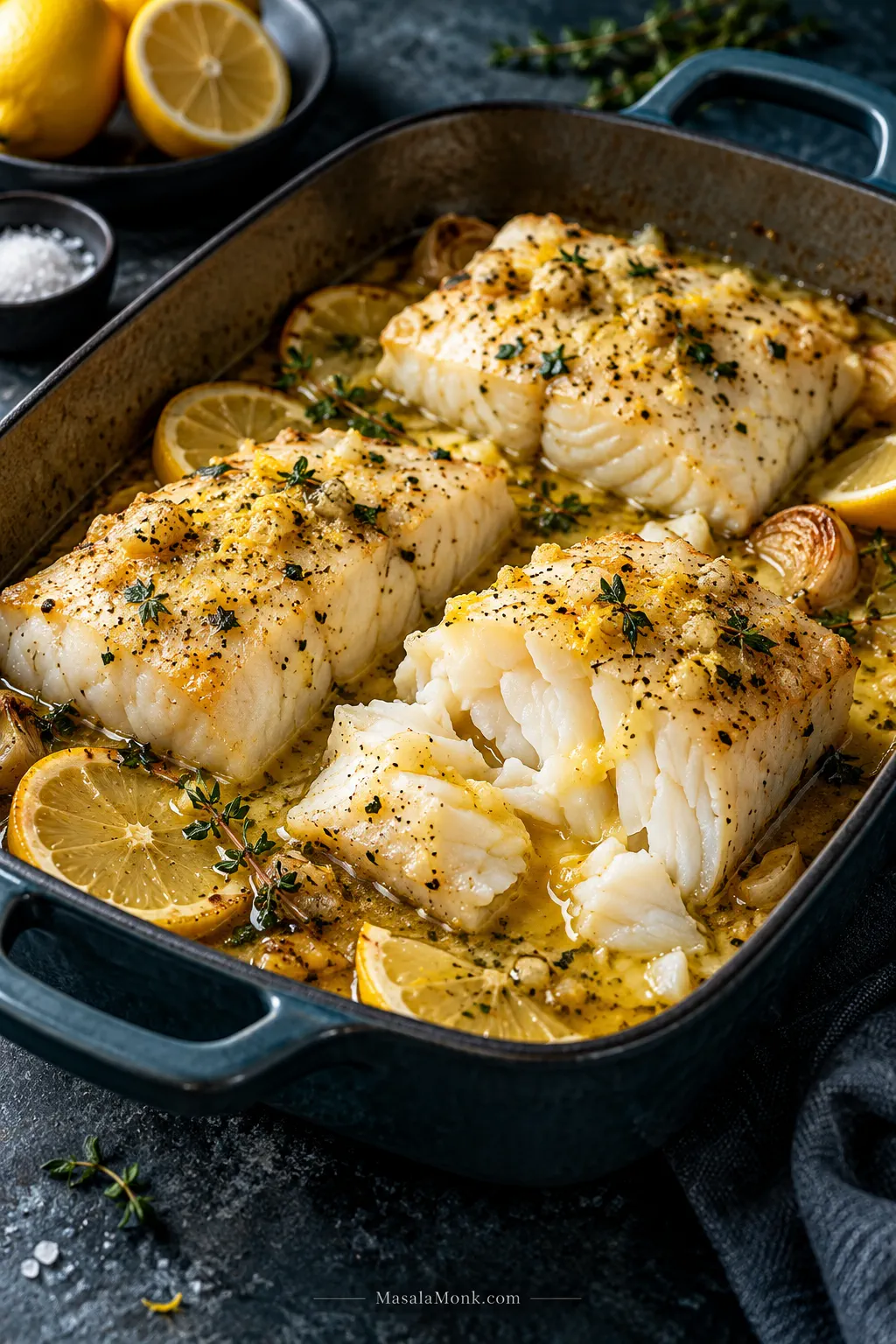 Baked cod portions in a dark roasting dish with moist white flakes, lemon slices, herbs and golden lemon garlic butter pooled around the fish.