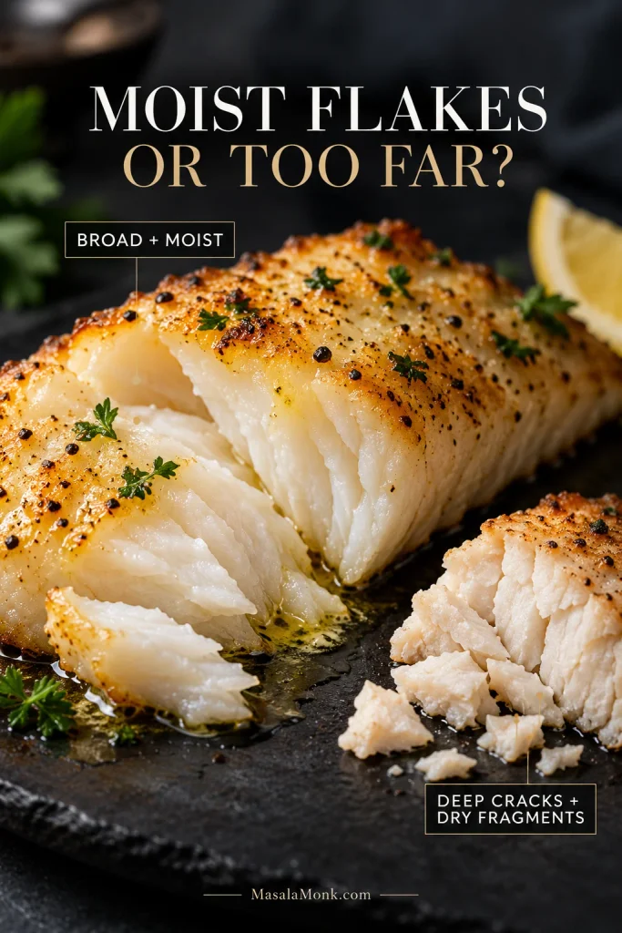 Side-by-side comparison of moist baked cod with broad glossy flakes and overcooked cod with deep cracks and dry broken pieces.
