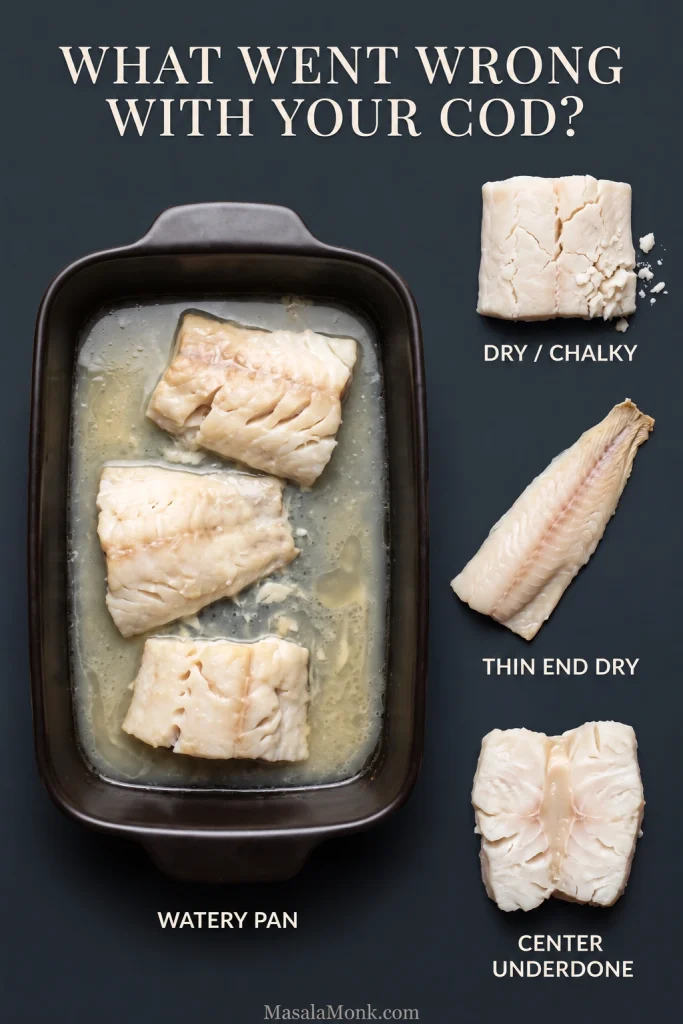 Baked cod troubleshooting graphic showing excessive watery liquid, dry cracked cod, a fillet with an overcooked thin end, and cod with a slightly underdone center.