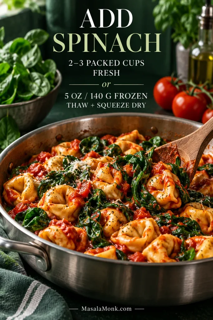 Cheese tortellini and marinara mixed with wilted spinach, with fresh spinach shown nearby and guidance for fresh or frozen spinach.