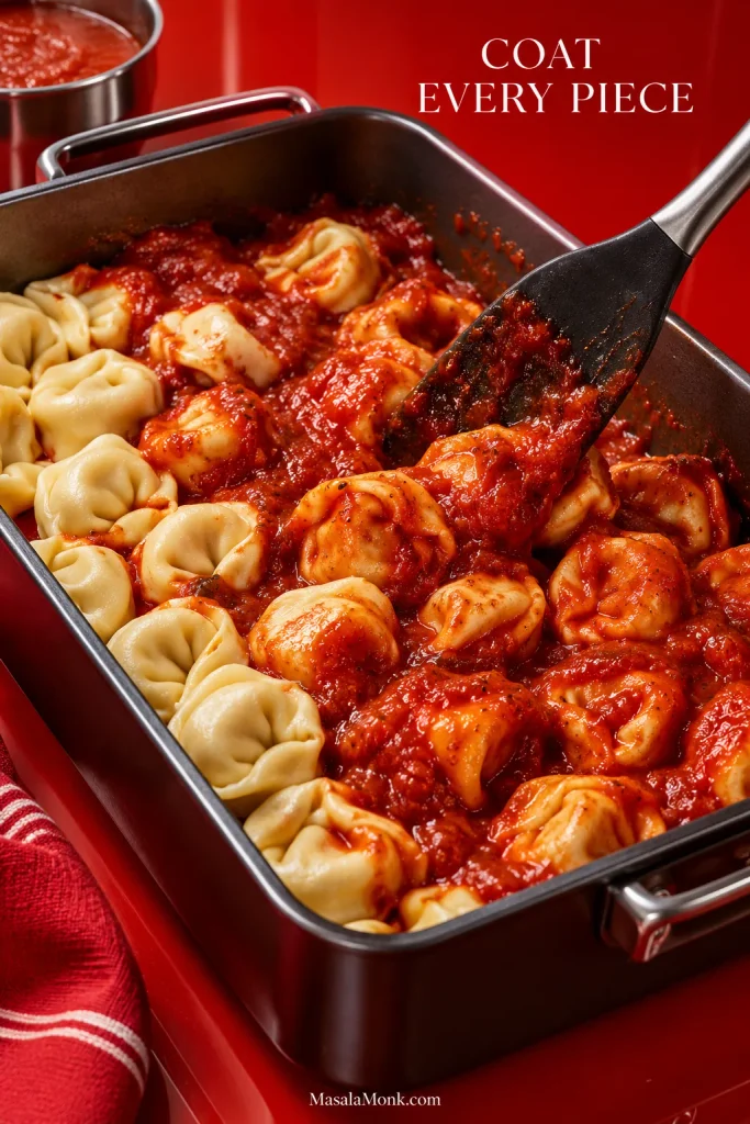 Uncooked tortellini being folded through red marinara in a baking dish so sauce coats the pasta on all sides.