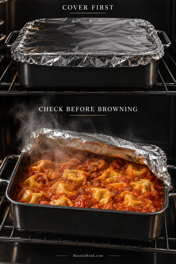 Two-stage view of a tortellini bake: first tightly covered with foil, then uncovered at the first check with plumped pasta in hot marinara.