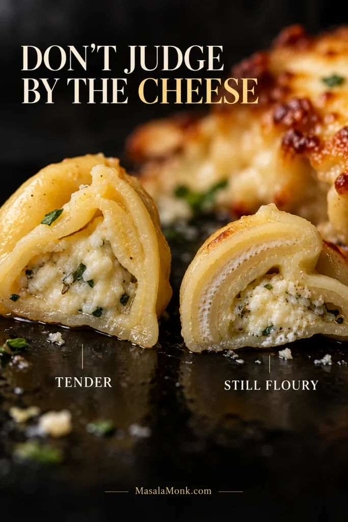 Close-up comparison of cut tortellini showing a tender hydrated pasta fold beside an undercooked fold with a pale floury core.