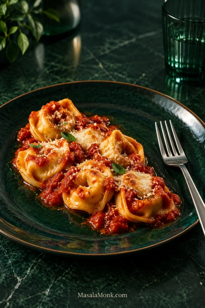 Six baked tortellini with marinara, browned cheese and Parmesan arranged on a dark emerald plate beside a fork and green glass.
