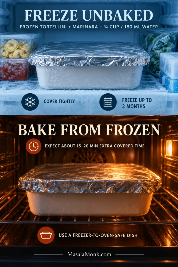 Covered unbaked tortellini casserole shown in a freezer and then in an oven, with guidance to freeze up to 3 months and bake from frozen in a freezer-to-oven-safe dish.