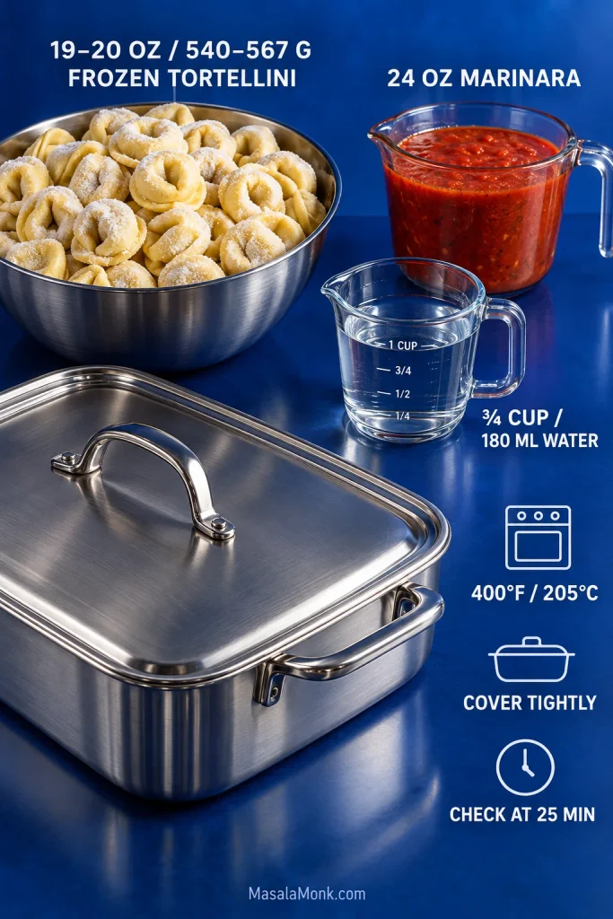 Frozen tortellini guide showing 19–20 oz pasta, 24 oz marinara, ¾ cup water, a 400°F / 205°C oven, a tightly covered pan and a first check at 25 minutes.
