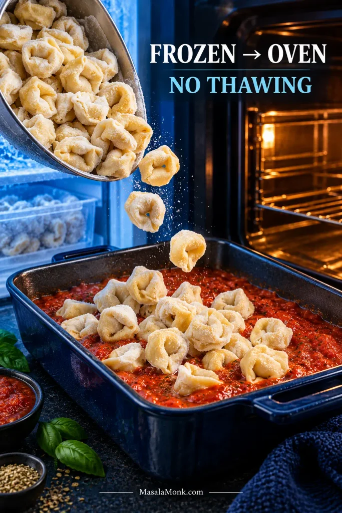 Frosted frozen tortellini being poured directly into marinara beside a warm oven, with text indicating that thawing is not needed.