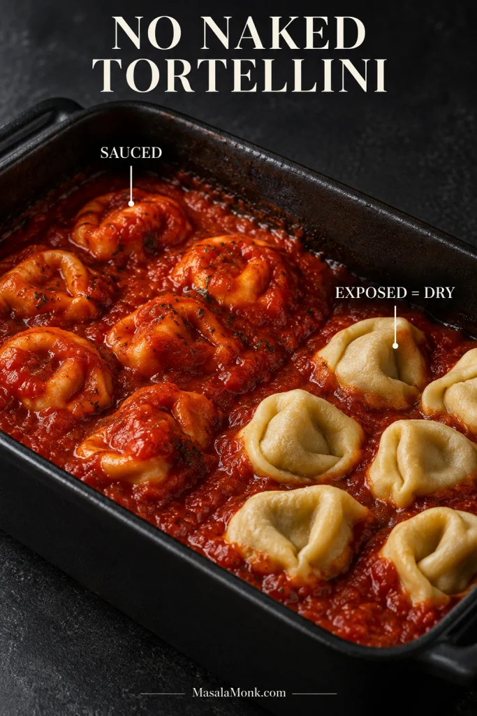 Comparison of tortellini nestled in marinara beside exposed pale tortellini sitting above the sauce line and beginning to dry.