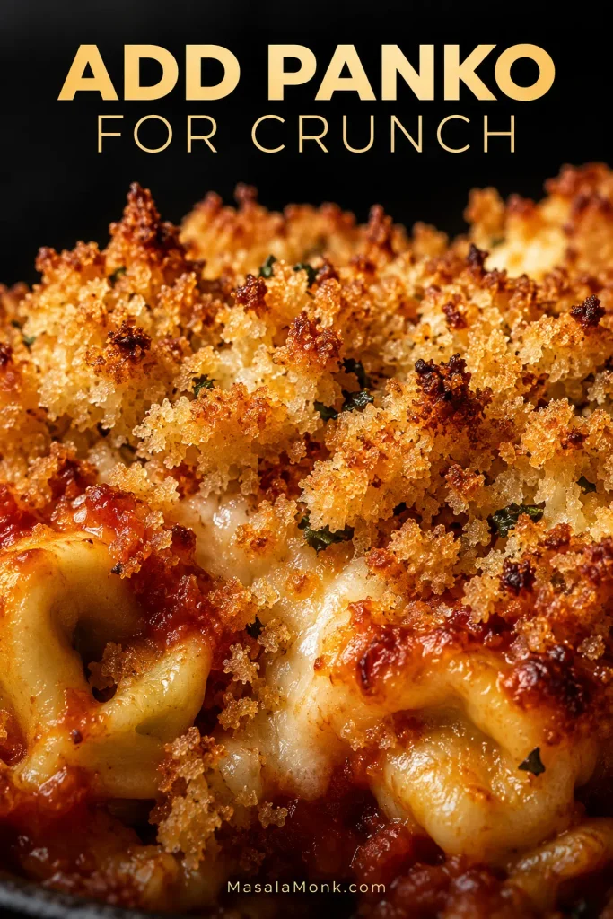 Close-up of crisp golden panko crumbs over browned cheese, marinara and baked tortellini.