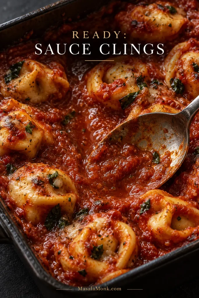 Spoon moving through baked tortellini and thick marinara, leaving a shallow trail while sauce coats the spoon and pasta.