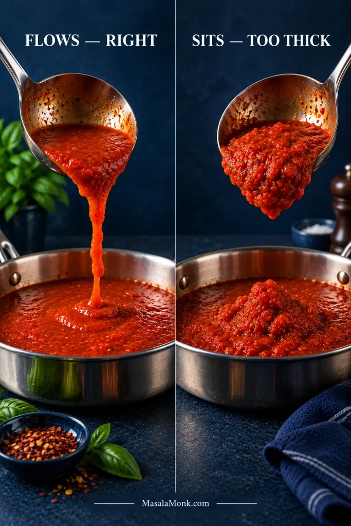 Two ladles compare marinara textures: one sauce flows smoothly while a thicker sauce holds its shape in a mound.