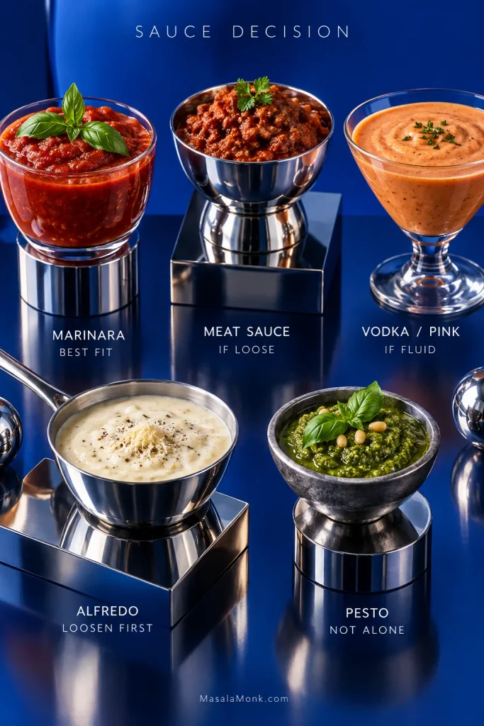 Five sauces for baked tortellini labeled marinara, meat sauce, vodka or pink sauce, Alfredo and pesto, with notes about moisture and suitability.