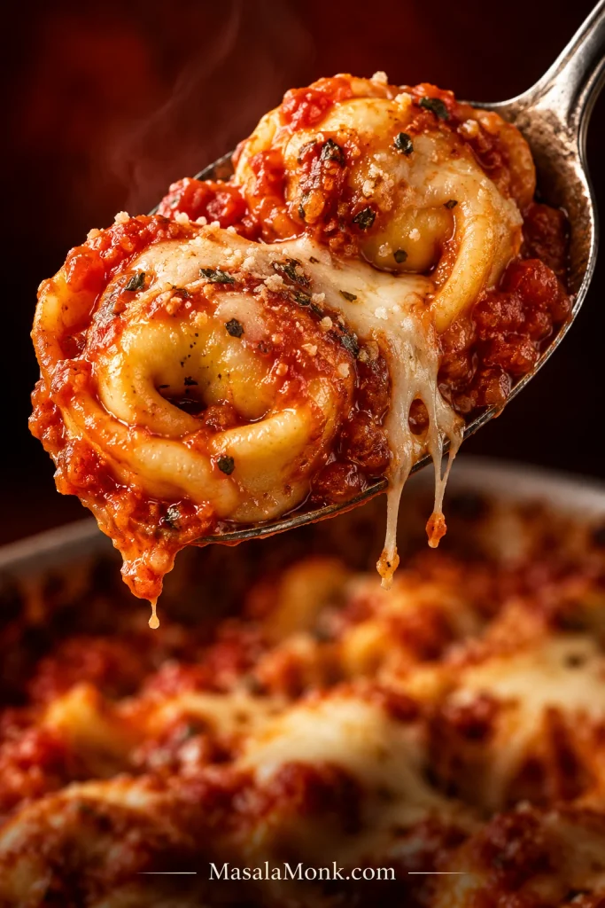 Serving spoon holding several baked tortellini coated in marinara with small strands of melted mozzarella.