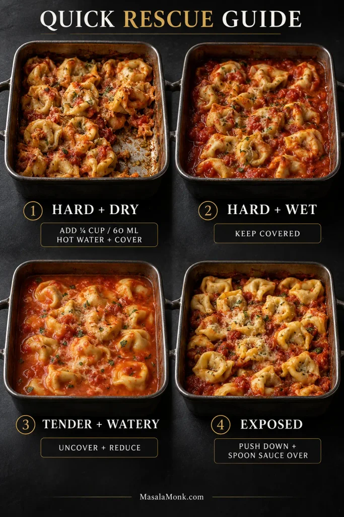 Four-part baked tortellini troubleshooting guide showing hard and dry, hard and wet, tender and watery, and exposed pasta with the matching fixes.