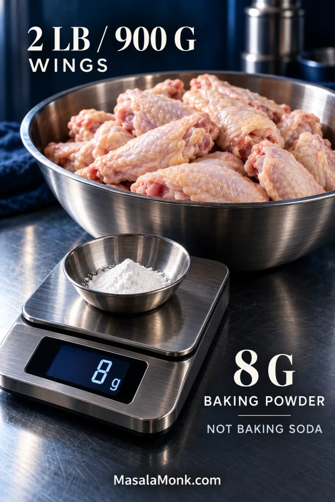 Digital kitchen scale displaying 8 grams of baking powder beside a bowl holding about 2 pounds of raw chicken wings.