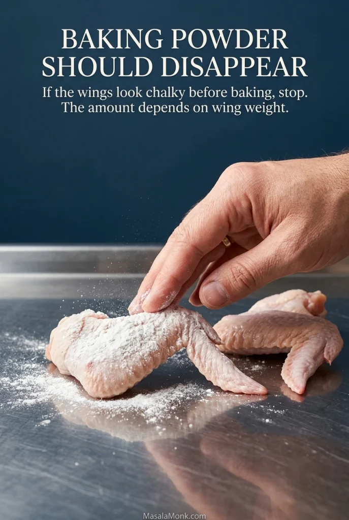 Raw chicken wing heavily coated with white baking powder while a hand removes excess; a second wing nearby shows mostly visible natural skin.