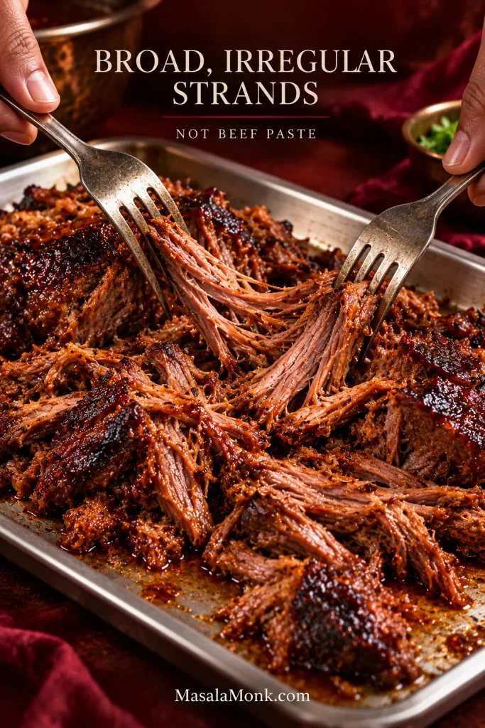 Two forks pulling tender beef chuck into broad irregular strands and small juicy chunks on a metal tray.
