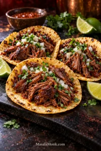 Three corn tortillas filled with glossy shredded beef barbacoa, diced white onion, cilantro and lime on a dark stone table.