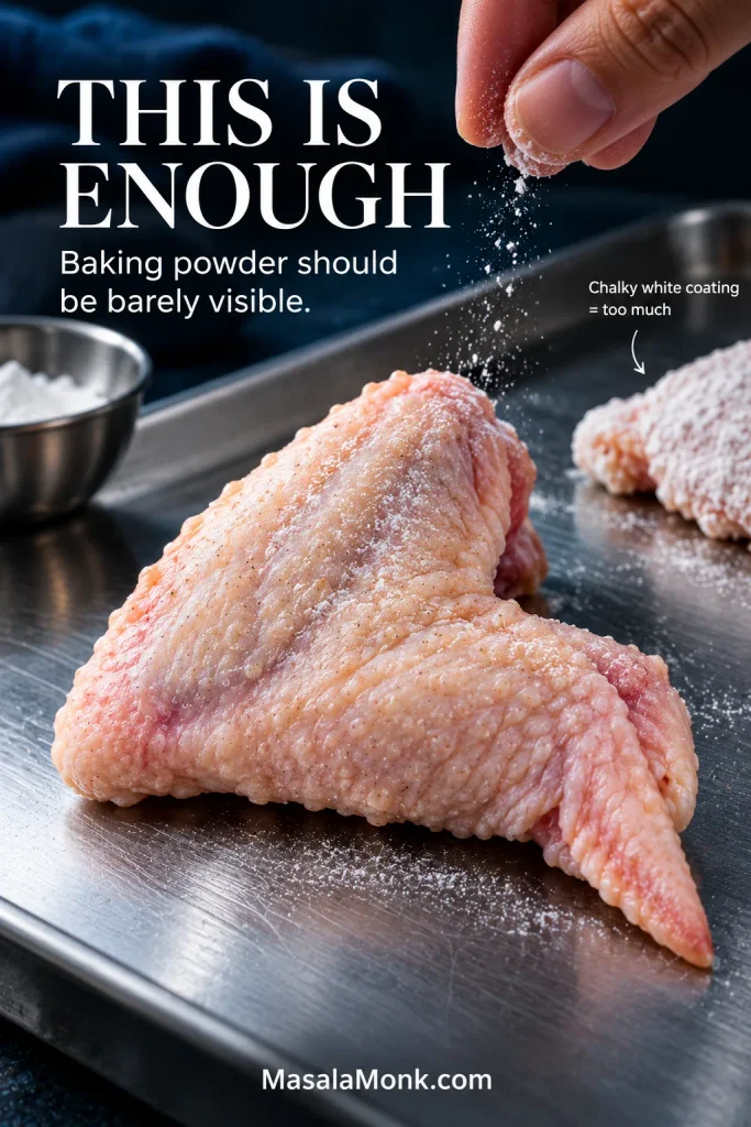 Raw chicken wing with a very light dusting of baking powder on a stainless surface, with a more heavily powdered wing in the background.