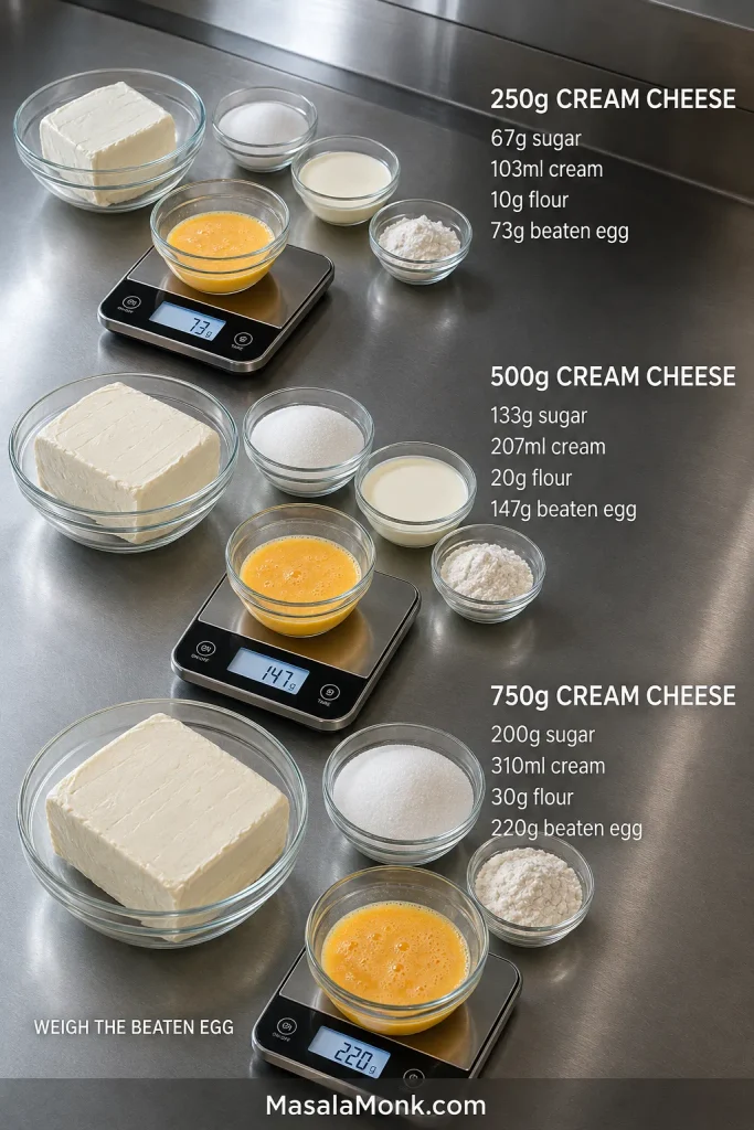 Three ingredient stations show scaled Basque cheesecake amounts for 250, 500 and 750 grams of cream cheese.
