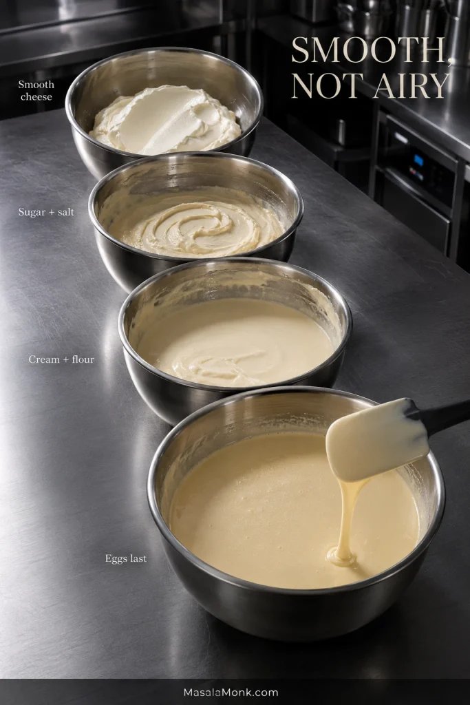 Four bowls show Basque cheesecake batter changing from smooth cream cheese to the finished glossy batter.
