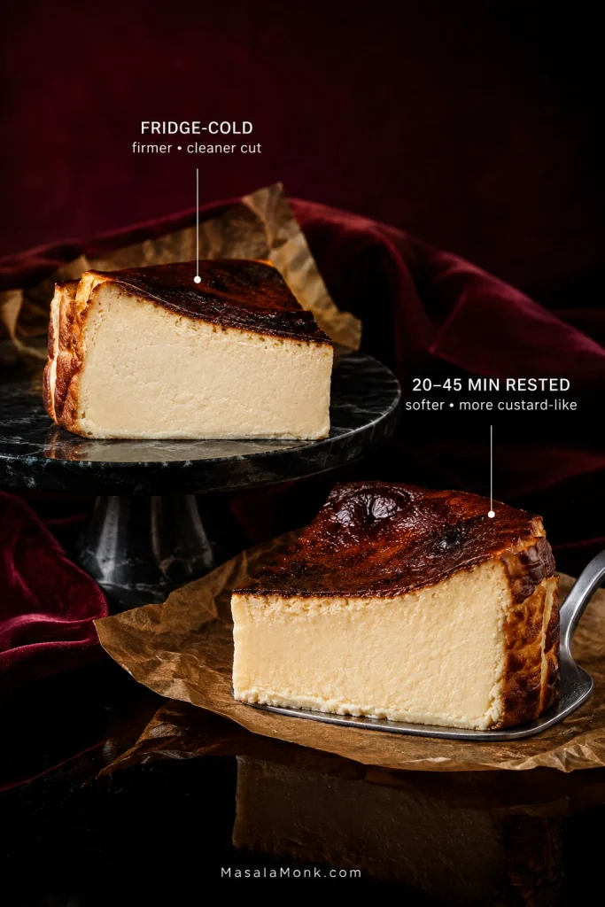 Two Basque cheesecake slices compare a firmer refrigerator-cold slice with a slightly softer rested slice.