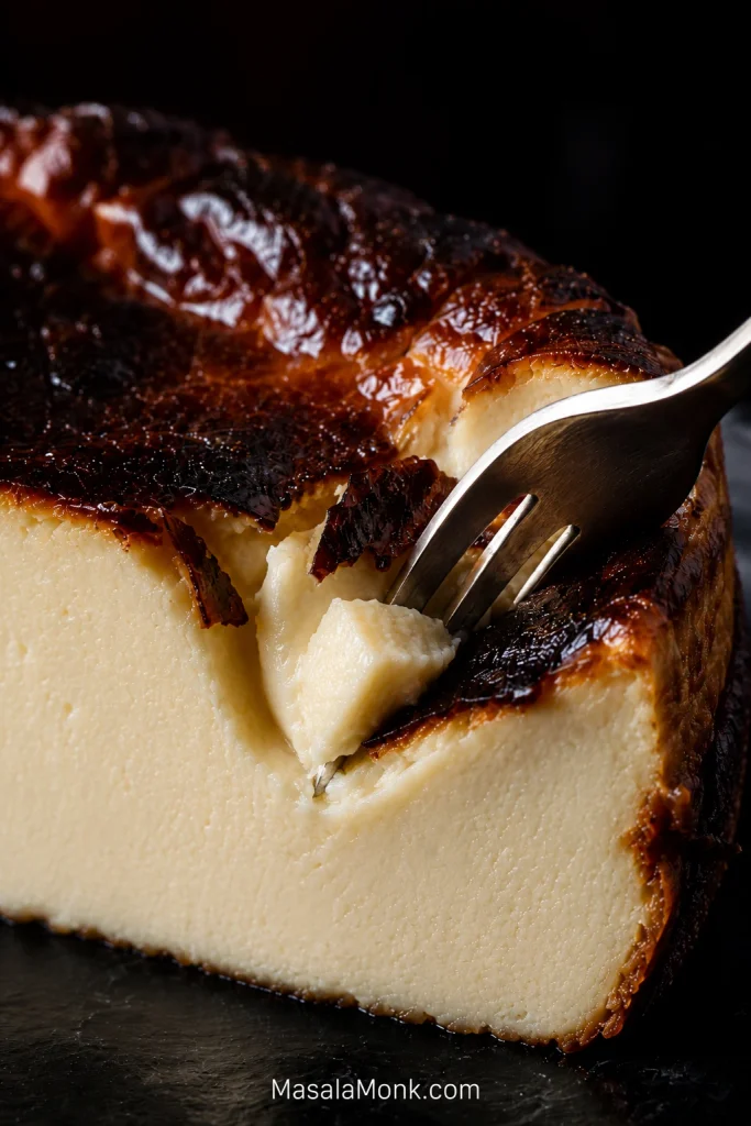 Extreme close-up of a stainless fork breaking through the dark caramelized top and lifting a creamy Basque cheesecake bite.