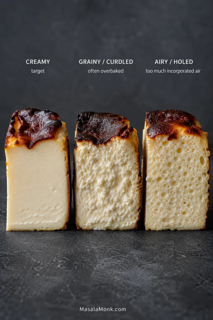 Three Basque cheesecake cross-sections compare smooth creamy, grainy or curdled, and airy or holed textures.