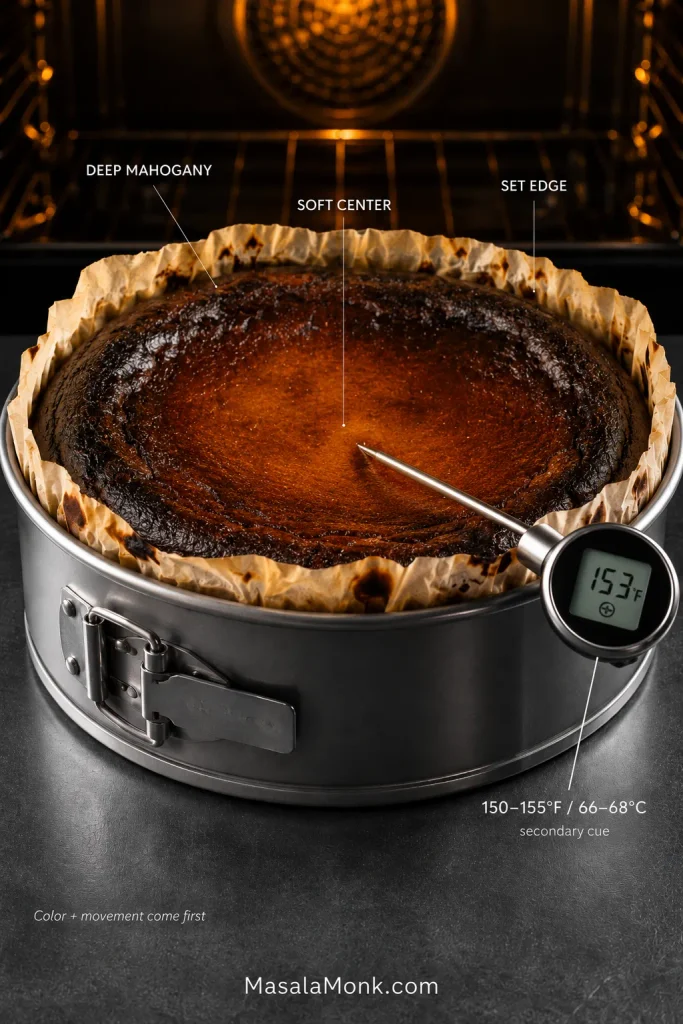 Basque cheesecake in a pan with a thermometer reading 153°F at the center and labels marking the top, edge and soft middle.