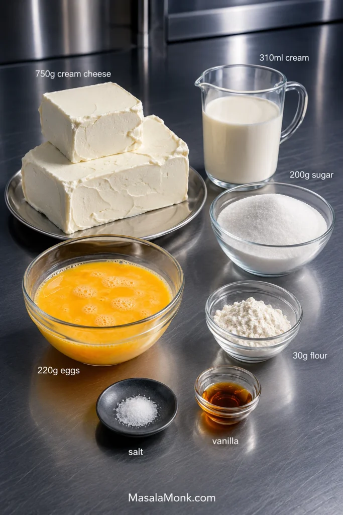 Cream cheese, sugar, cream, flour, beaten eggs, salt and vanilla arranged on stainless steel with their recipe quantities labeled.