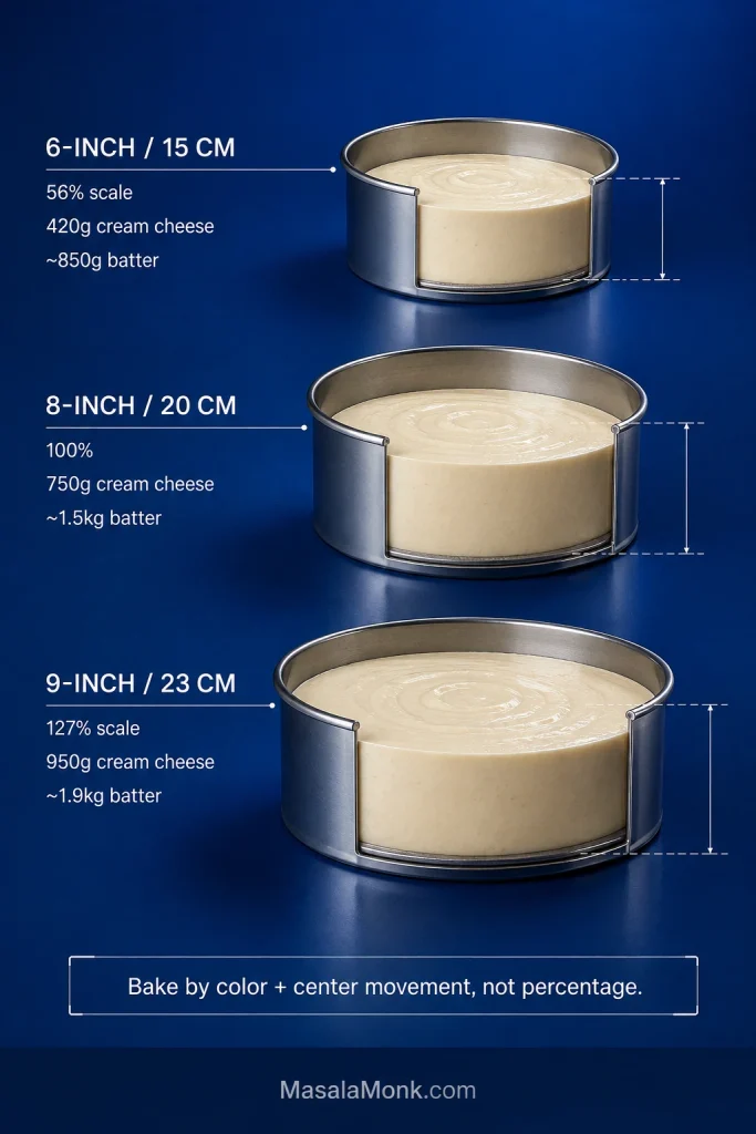 Cutaway 6-inch, 8-inch and 9-inch pans show proportional Basque cheesecake batter amounts and depths.