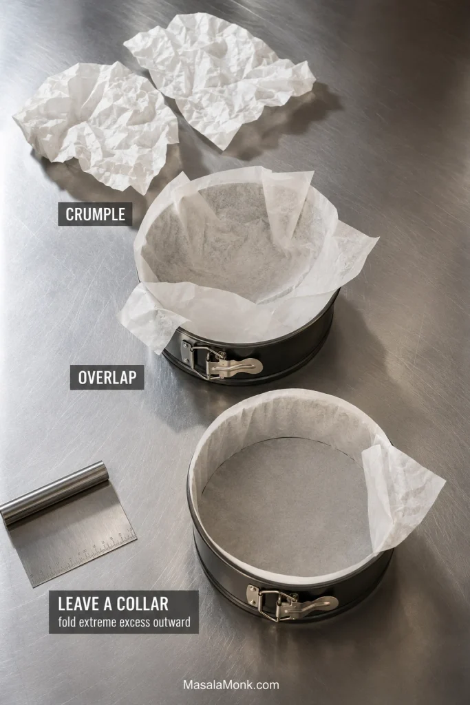 Three stages show crumpled parchment, overlapping sheets in a springform pan and a finished parchment collar.