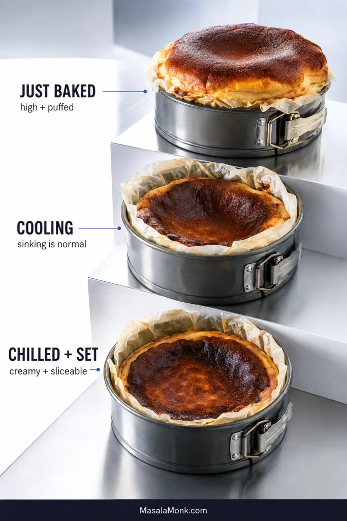 Three Basque cheesecakes show the puffed just-baked stage, the cooling and sinking stage, and the chilled final stage.