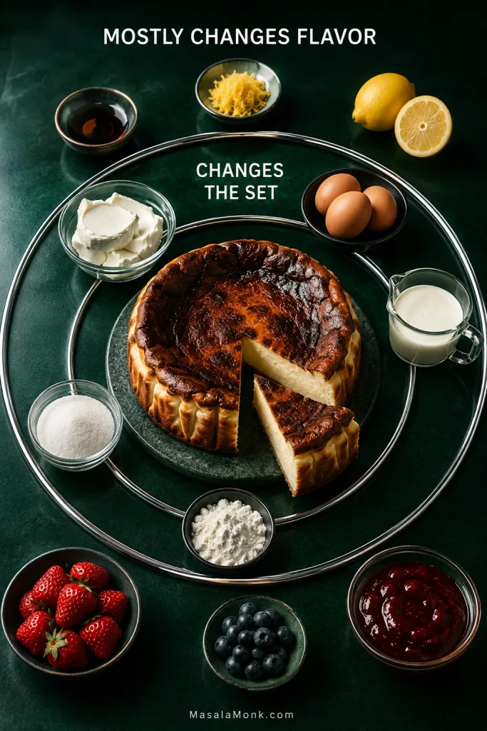 Emerald diagram groups cream cheese, eggs, cream, sugar and flour near the cheesecake and flavor additions farther outside.