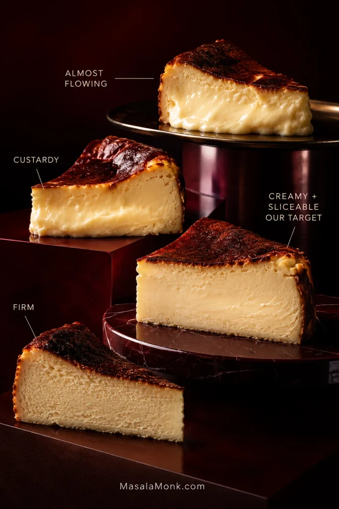 Four Basque cheesecake wedges compare almost flowing, custardy, creamy and sliceable, and firm center textures.