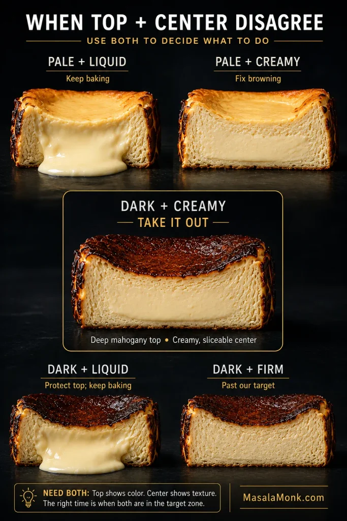 Five Basque cheesecakes compare combinations of pale or dark tops with liquid, creamy or firm centers and corresponding actions.