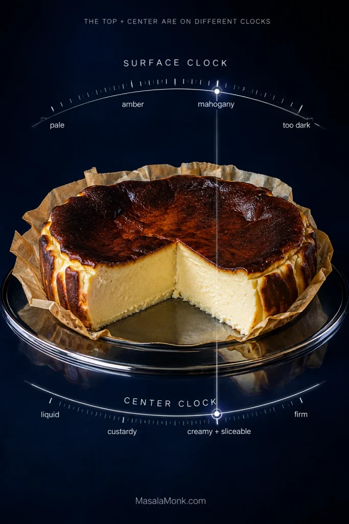 Cobalt graphic with a Basque cheesecake cross-section and separate scales for surface browning and center texture.