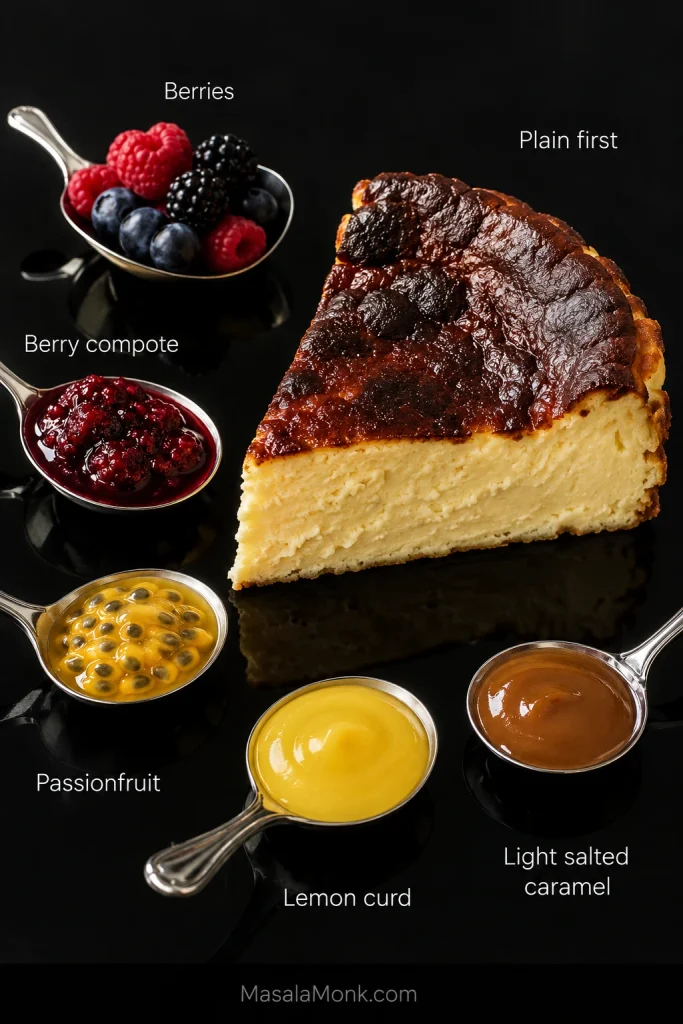 Plain Basque cheesecake slice with berries, berry compote, passionfruit, lemon curd and salted caramel arranged around it.