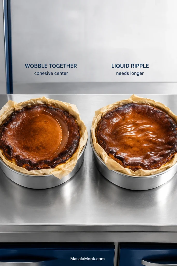 Two cheesecake pans compare cohesive center movement with looser liquid ripples using subtle motion graphics.