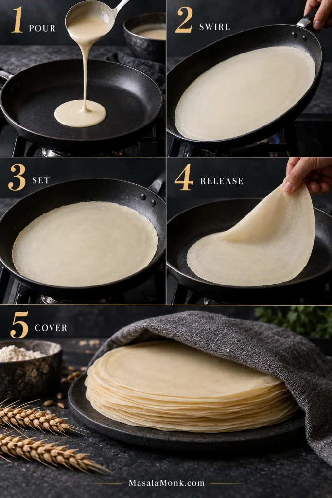 Five-step batter-made samosa sheet process showing batter poured into a pan, swirled thin, set pale, lifted cleanly and stacked under a cover.