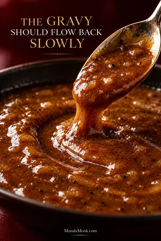 Silver spoon dragged through glossy brown gravy, leaving a channel that is beginning to flow slowly back together.