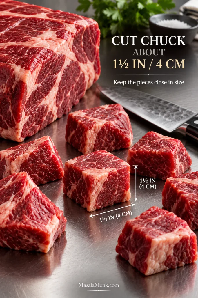 Raw chuck roast cut into roughly 1½-inch or 4 cm cubes on a stainless work surface beside a chef’s knife.