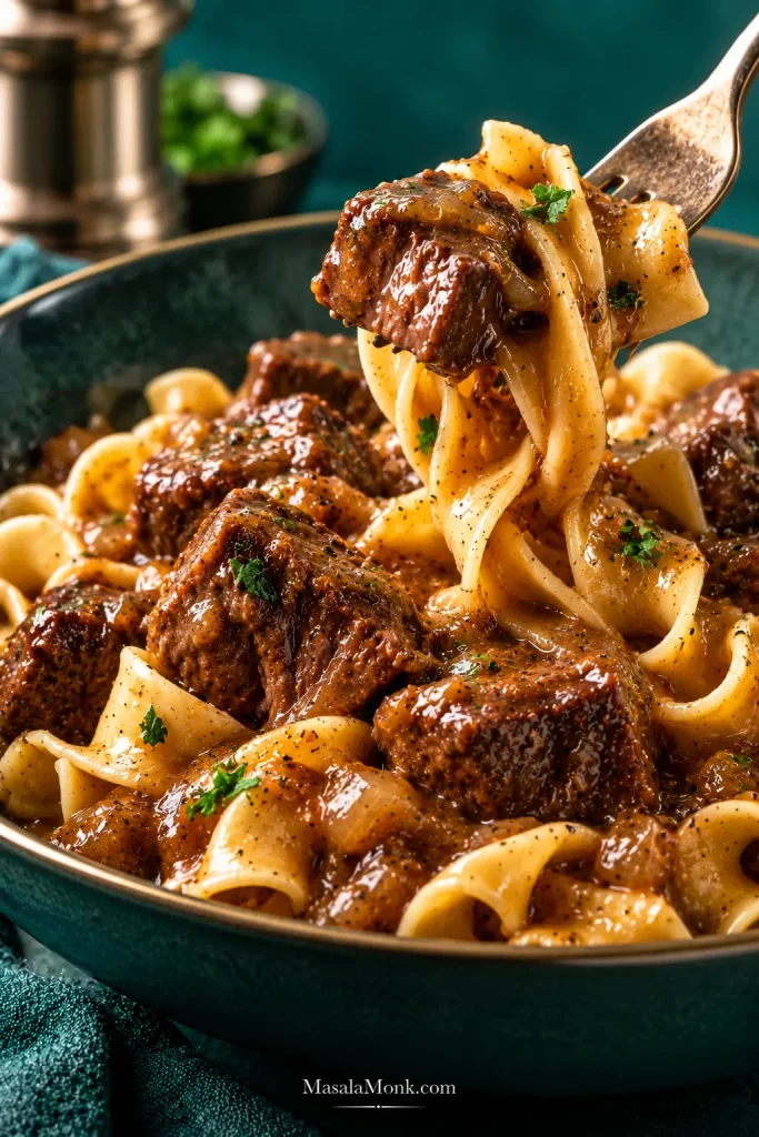 Fork lifting broad egg noodles coated in brown beef gravy, with braised beef tips in a teal bowl below.