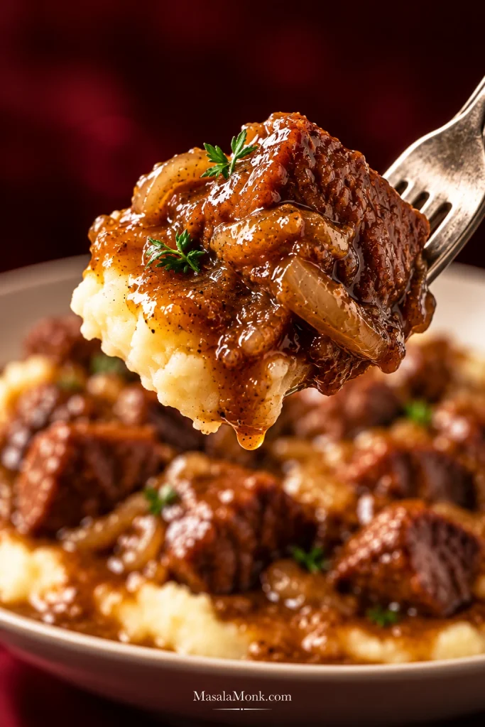 Fork holding a bite of braised beef, mashed potato, onion and glossy brown gravy against a deep red background.