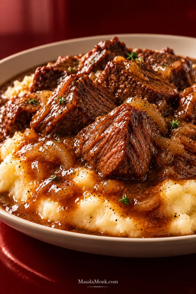 Close-up of beef tips and glossy onion gravy settling into ridged creamy mashed potatoes.