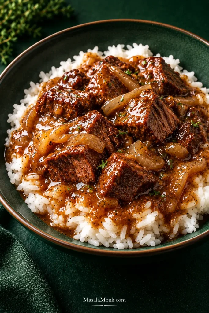 Beef tips and onion gravy served over white rice in a dark green bowl, with sauce soaking between the grains.