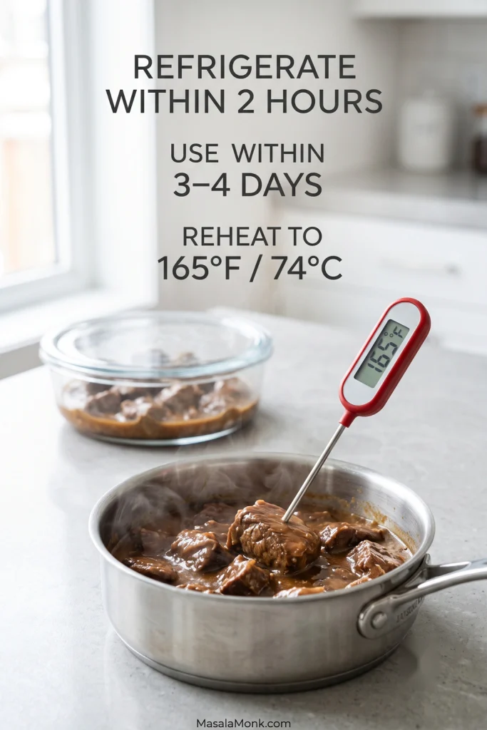 Beef tips and gravy reheating in a stainless saucepan with a food thermometer, with a shallow leftovers container in the background.