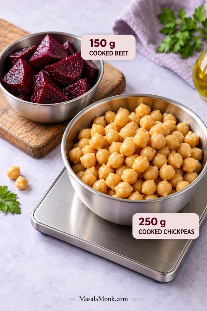 Cooked red beet and a larger portion of cooked chickpeas in metal vessels labeled 150 g cooked beet and 250 g cooked chickpeas.